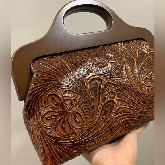 Vintage Style Handmade Genuine Embossed Leather Wooden Frame Bag/Crossbody - Picture 11 of 16